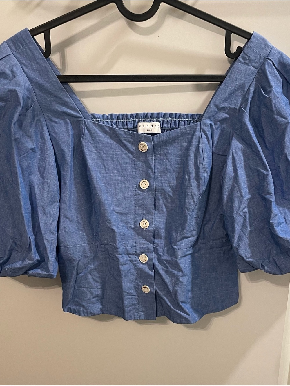 Sandro Paris Chambray Puff-Sleeve Top